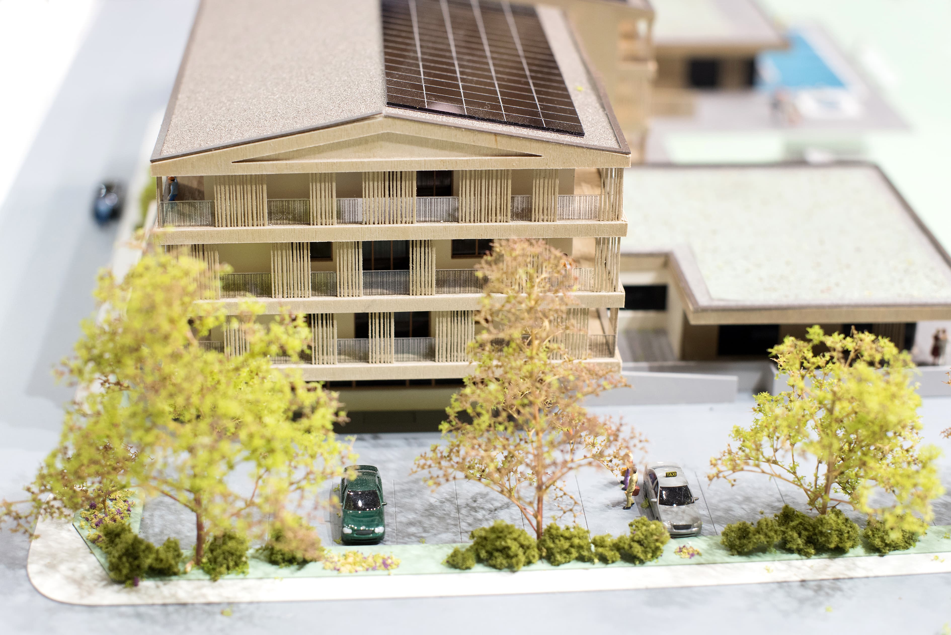Model of passive home design with solar panels for Queensland climate.