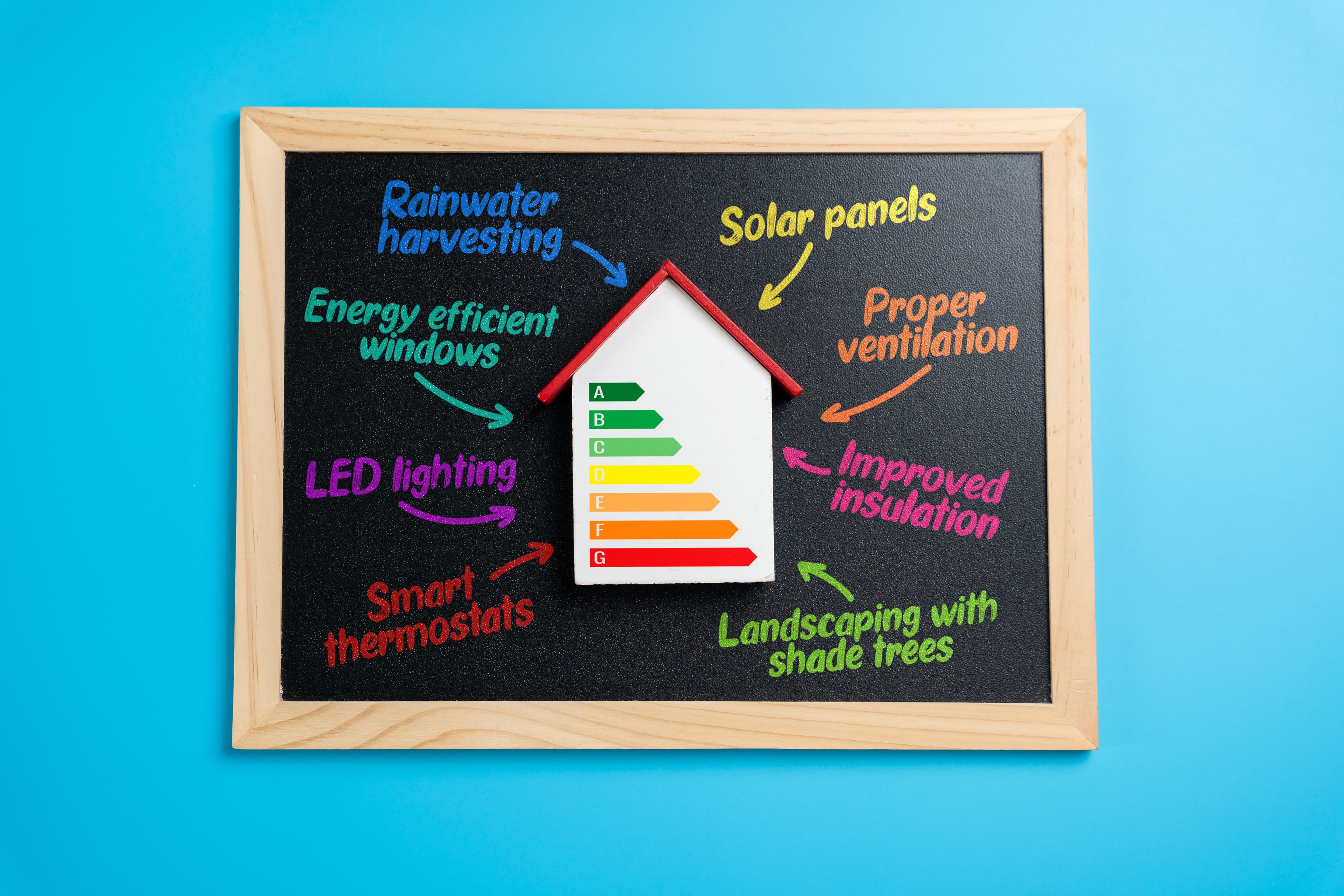 Chalkboard diagram illustrating 7 Star Energy Rating features for a Queensland new build.