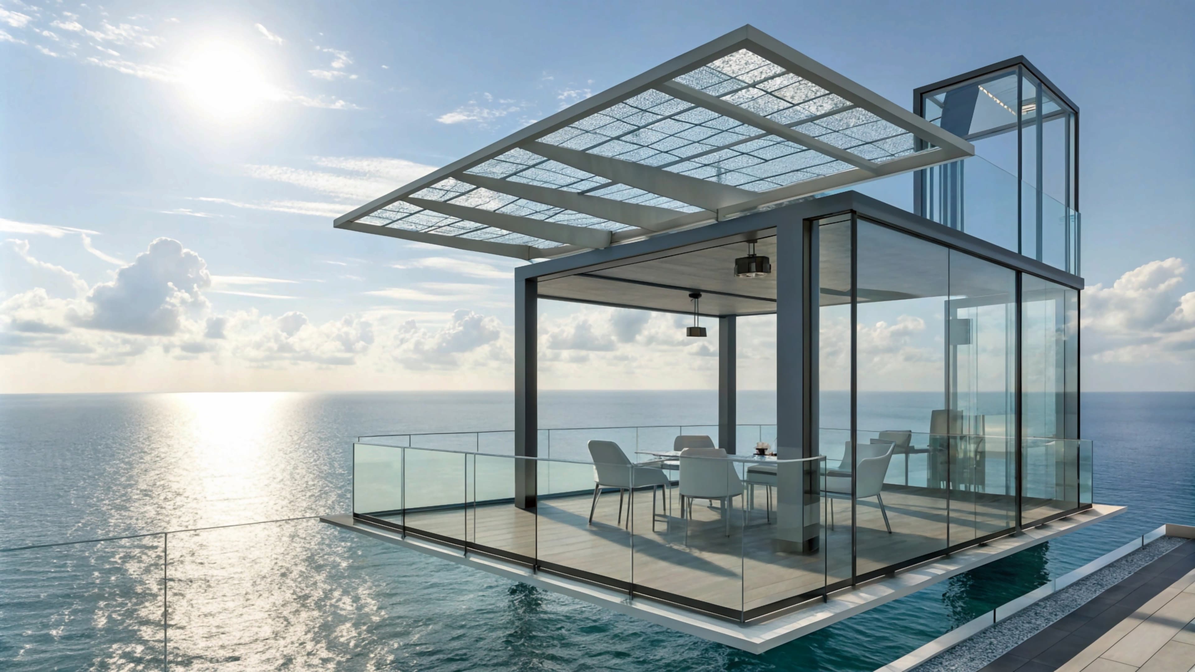 Modern coastal home with large glass windows overlooking the ocean.