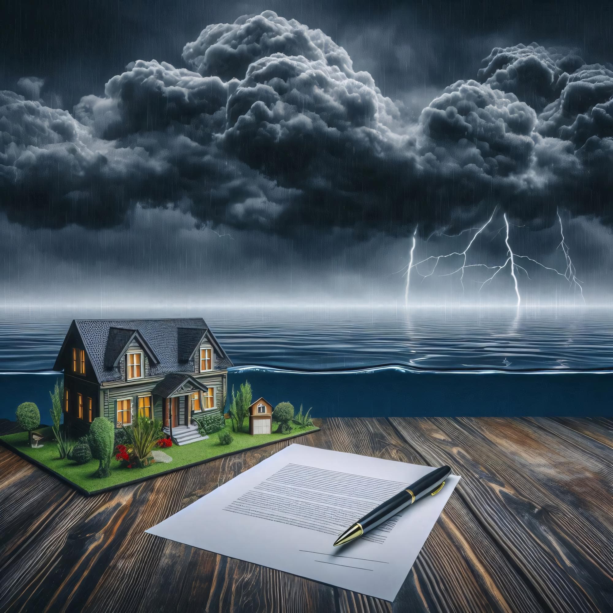 House on coast with storm clouds, lightning, and insurance document, highlighting storm season preparation.