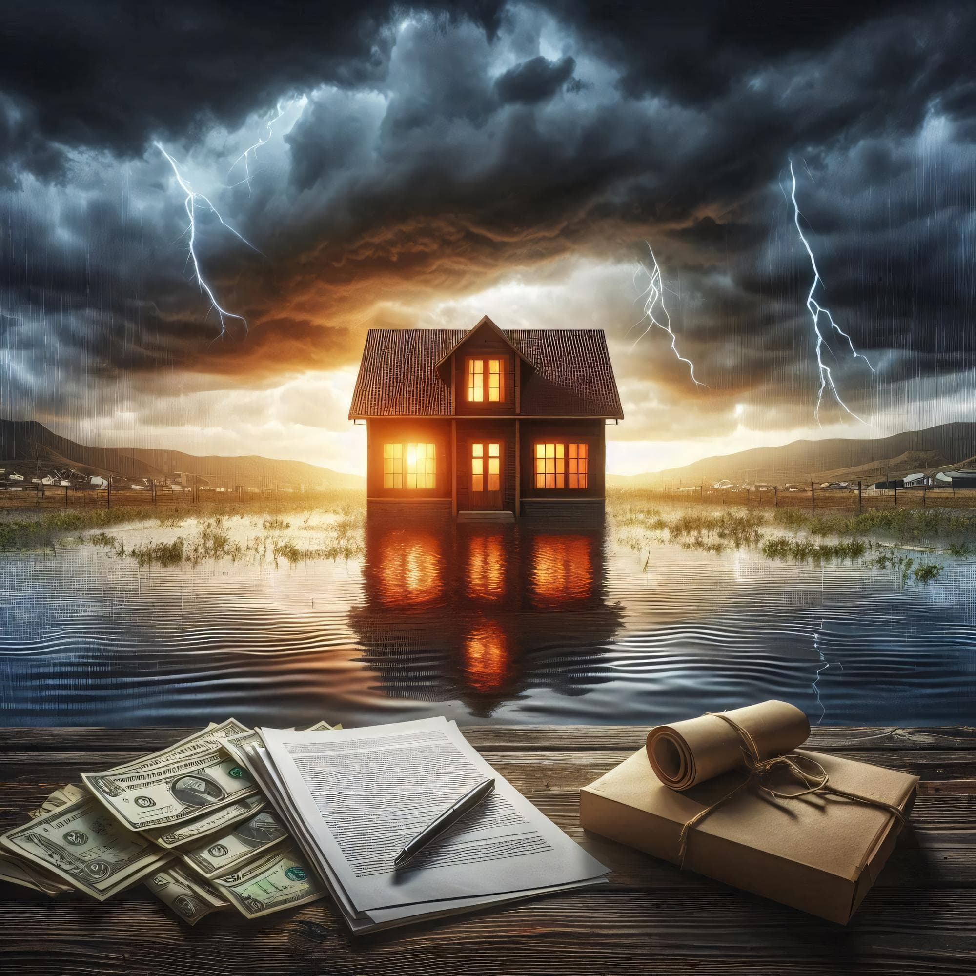 Storm-damaged house with cash and documents, highlighting rebuild options.