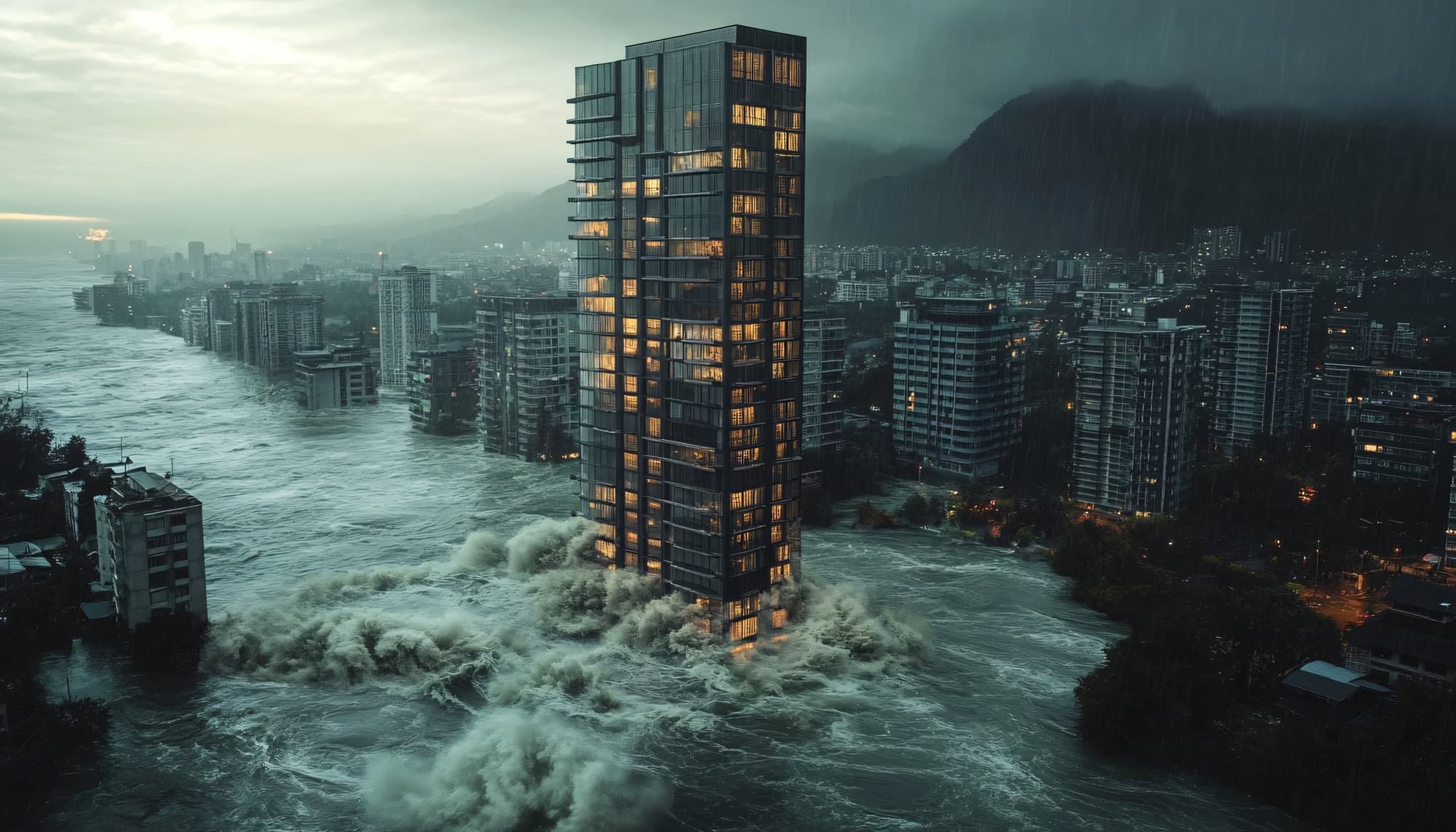Skyscraper withstands severe flooding in Gold Coast cityscape.