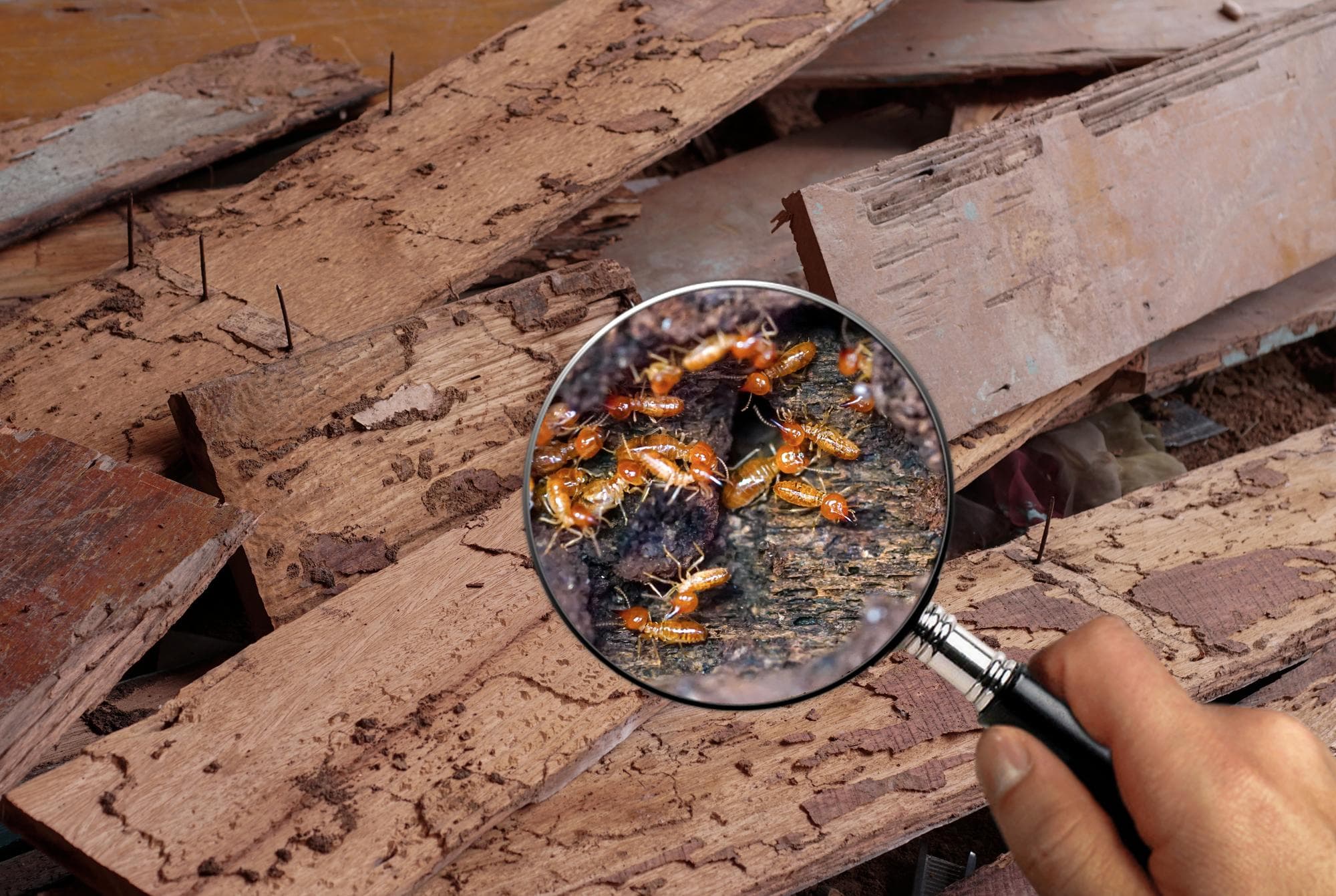 Magnifying glass reveals termites in damaged wood during a timber pest inspection in Gold Coast home.