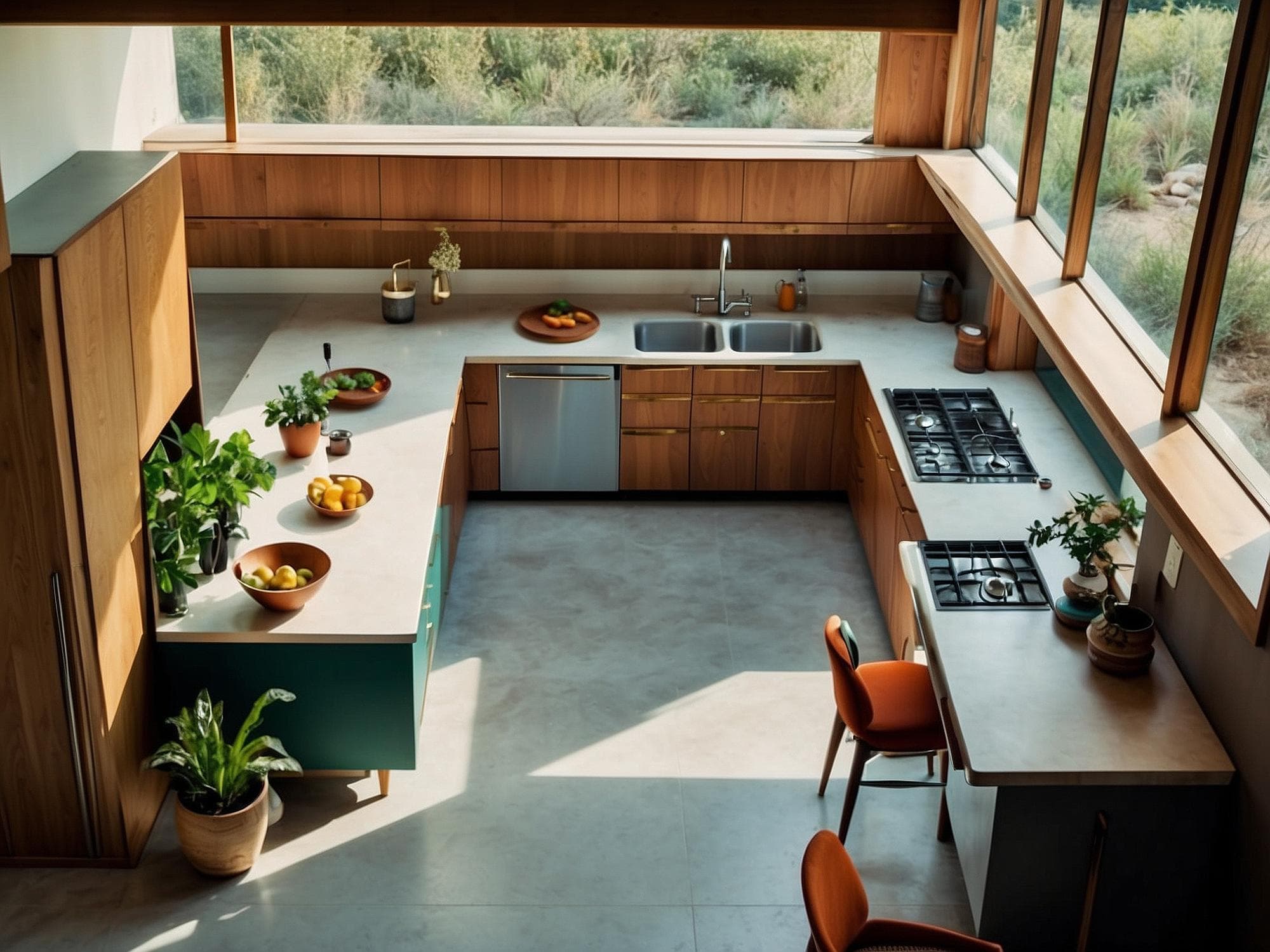 Modern Australian kitchen layout with natural light and plants.